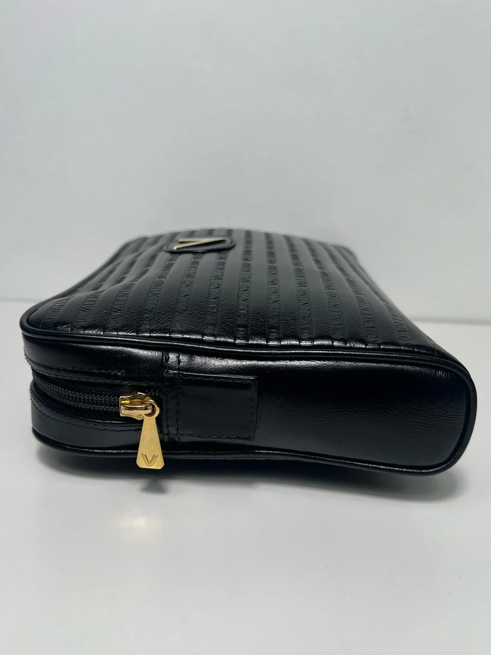 Mario Valentino Logo Vintage Black Leather Clutch Toiletry Travel Pouch Case
